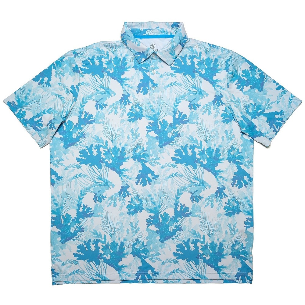 SCALES Fishing Performance Polo Shirt Golf Floral Coral Reef Blue XL